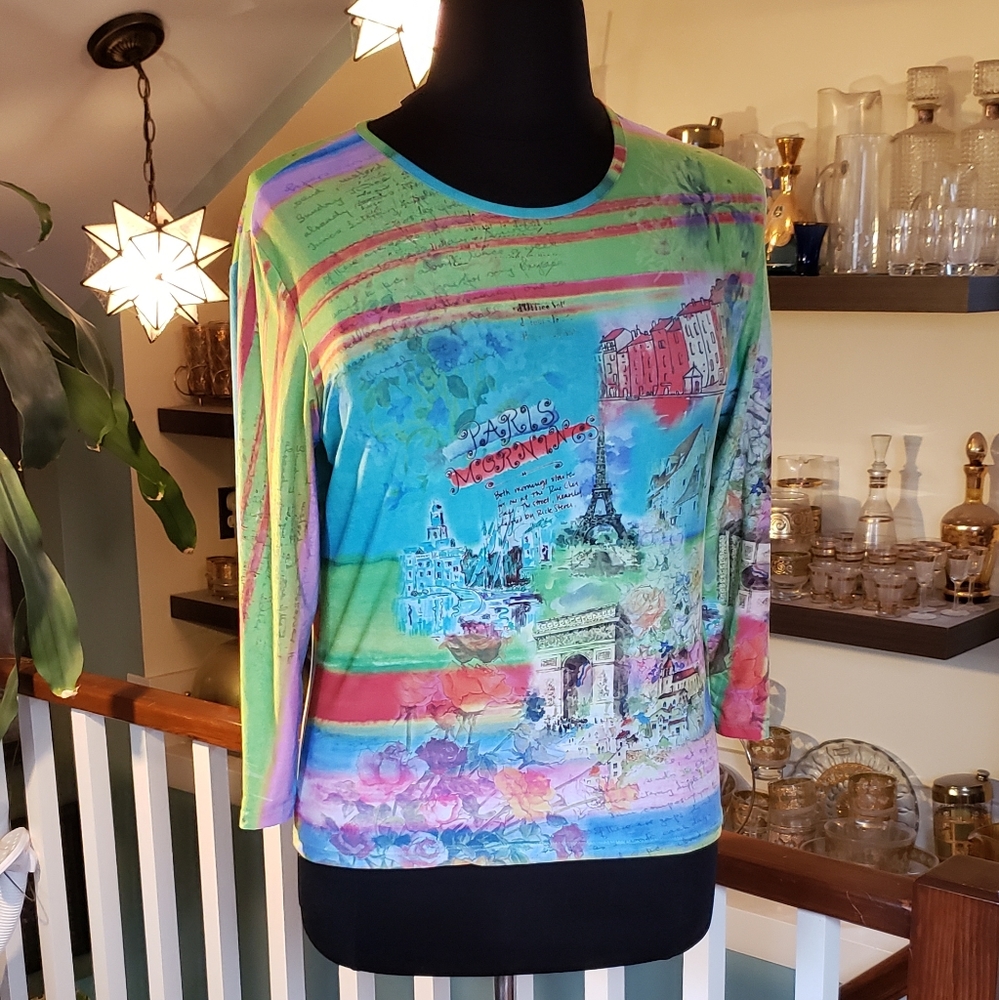 Caio Womens Mid Length Sleeve Knit Top Paris Print